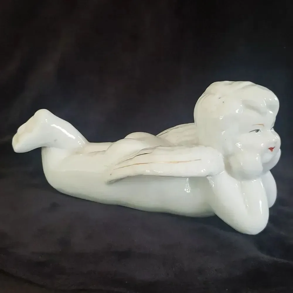 Adorable Vintage Porcelain Angel Lying on Stomach Leaning Chin on Hands 7.5